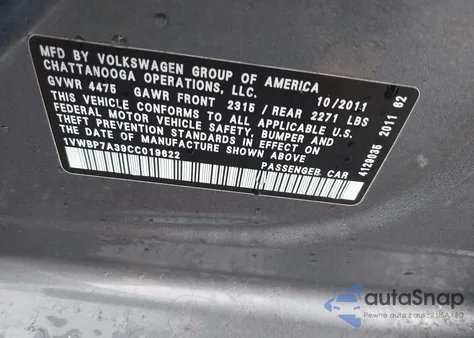 2012 Volkswagen Passat 2.5L Se z USA, uszkodzony, nr VIN 1VWBP7A39CC019622